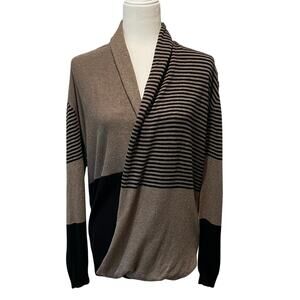 Max Studio Faux Wrap Pullover Sweater Sz L Striped Colorblock Tan Black Chic
